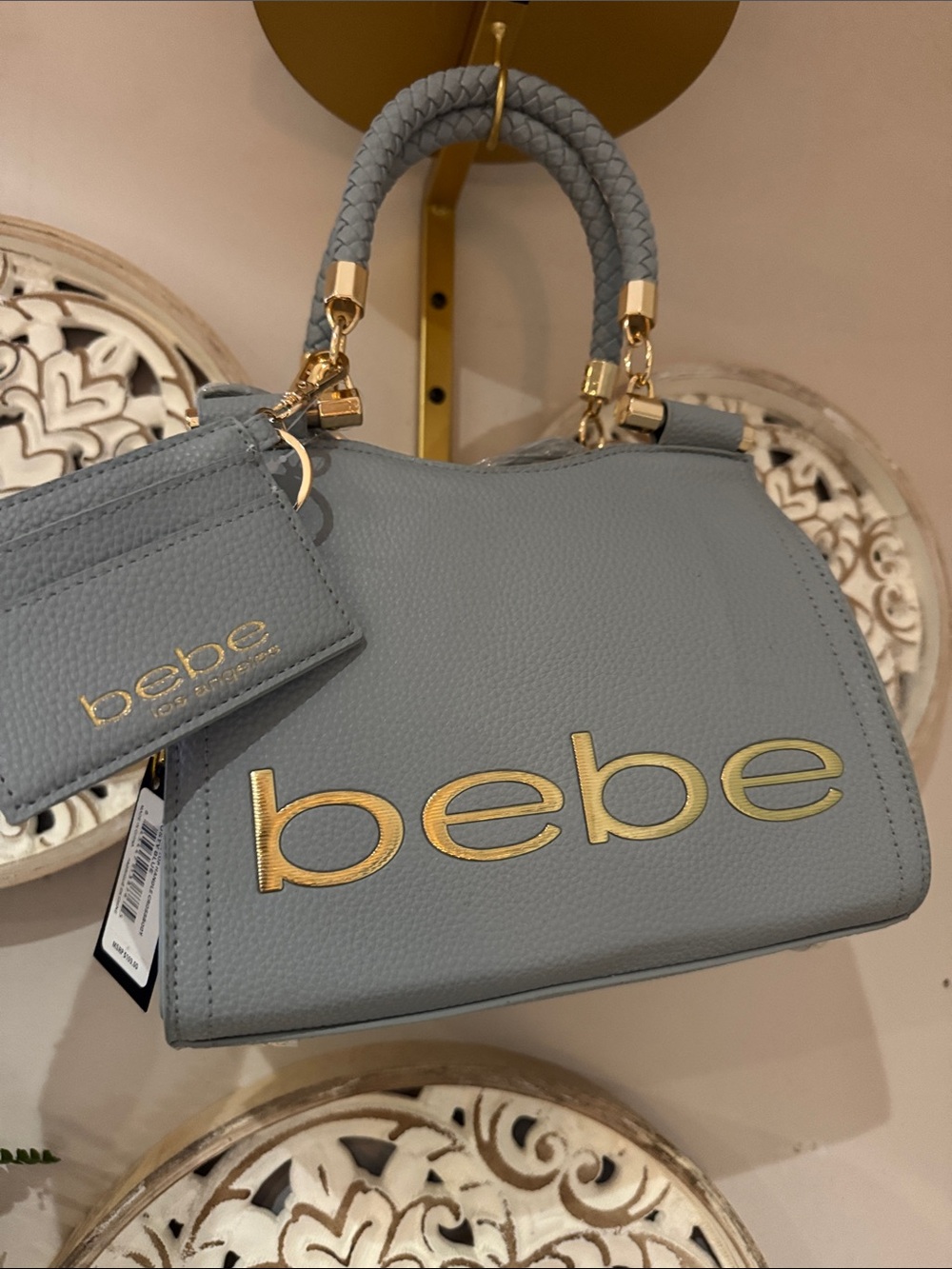 bebe Light Blue Pebbled Satchel with Gold Logo & Braided Handle